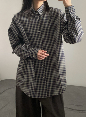 wtmp日系复古深藏青格子长袖衬衫男女秋季休闲百搭纯棉衬衣外套