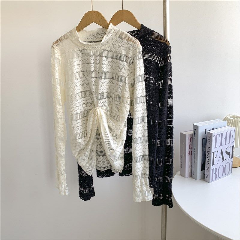 速发设丝感半高领蕾计花边内温长袖打底衫上衣搭柔气质上衣