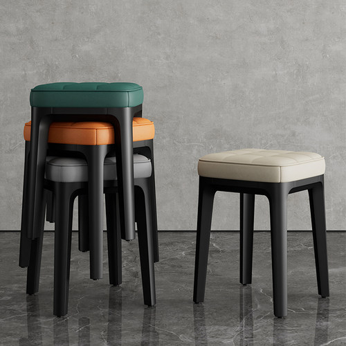 速发家用轻奢创包方凳塑桌凳子软意客厅高板凳可叠放餐料椅子板凳