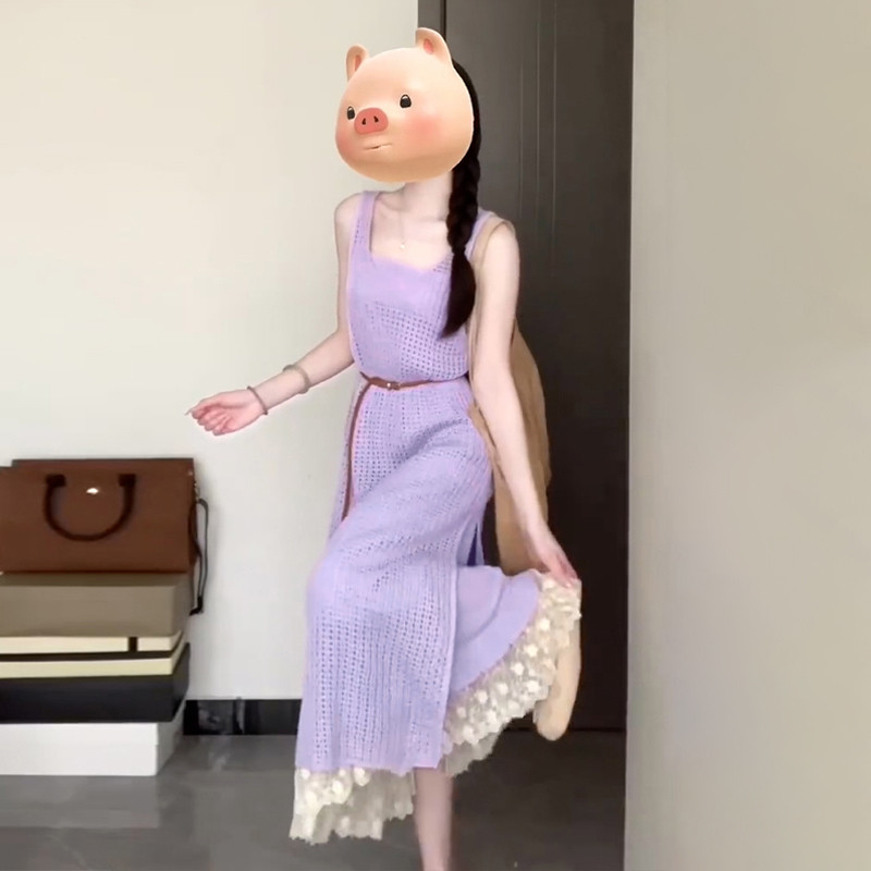 速发紫心镂空针织背色连衣裙子2季夏024新款小个子法式吊带长裙套