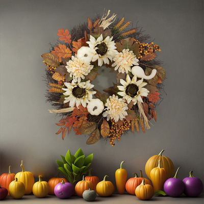 极速Autumn Thanksgivingdeucoration  White Pumpkin Wreath Har