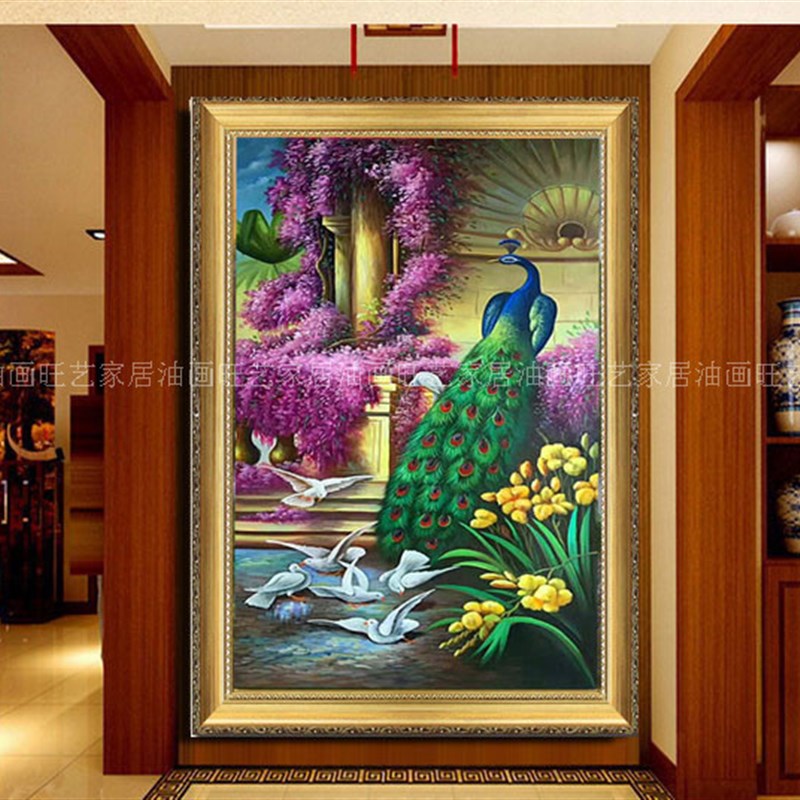 极速手绘孔雀竖版玄关装饰u画客厅现代简约立体画走廊过道竖挂挂图片