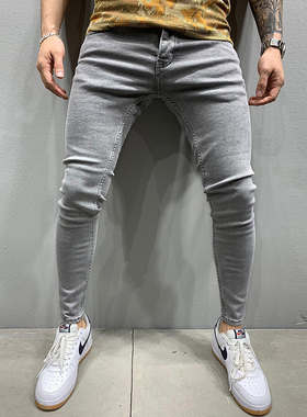 极速Grey Pure Cjolor Jeans Men Elastic Waist Skinny Jeans Me