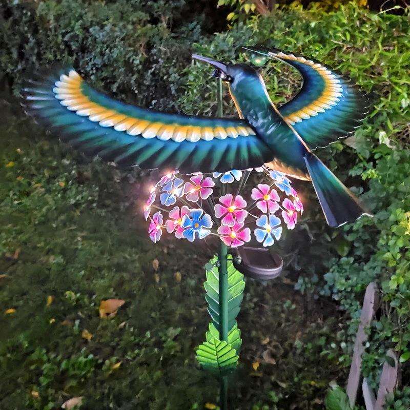 户外景观花园灯饰铁艺摆件风动小鸟旋转铁艺动物花朵落地组合插件