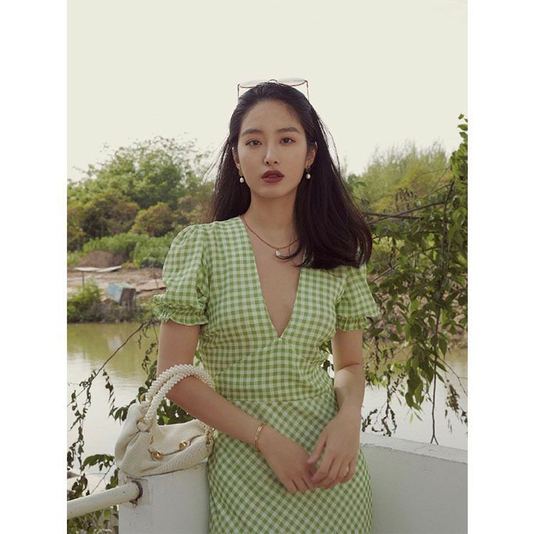 印花纯棉夏季2021复古格子女装法式Ref#欧美VN327领现货连衣裙