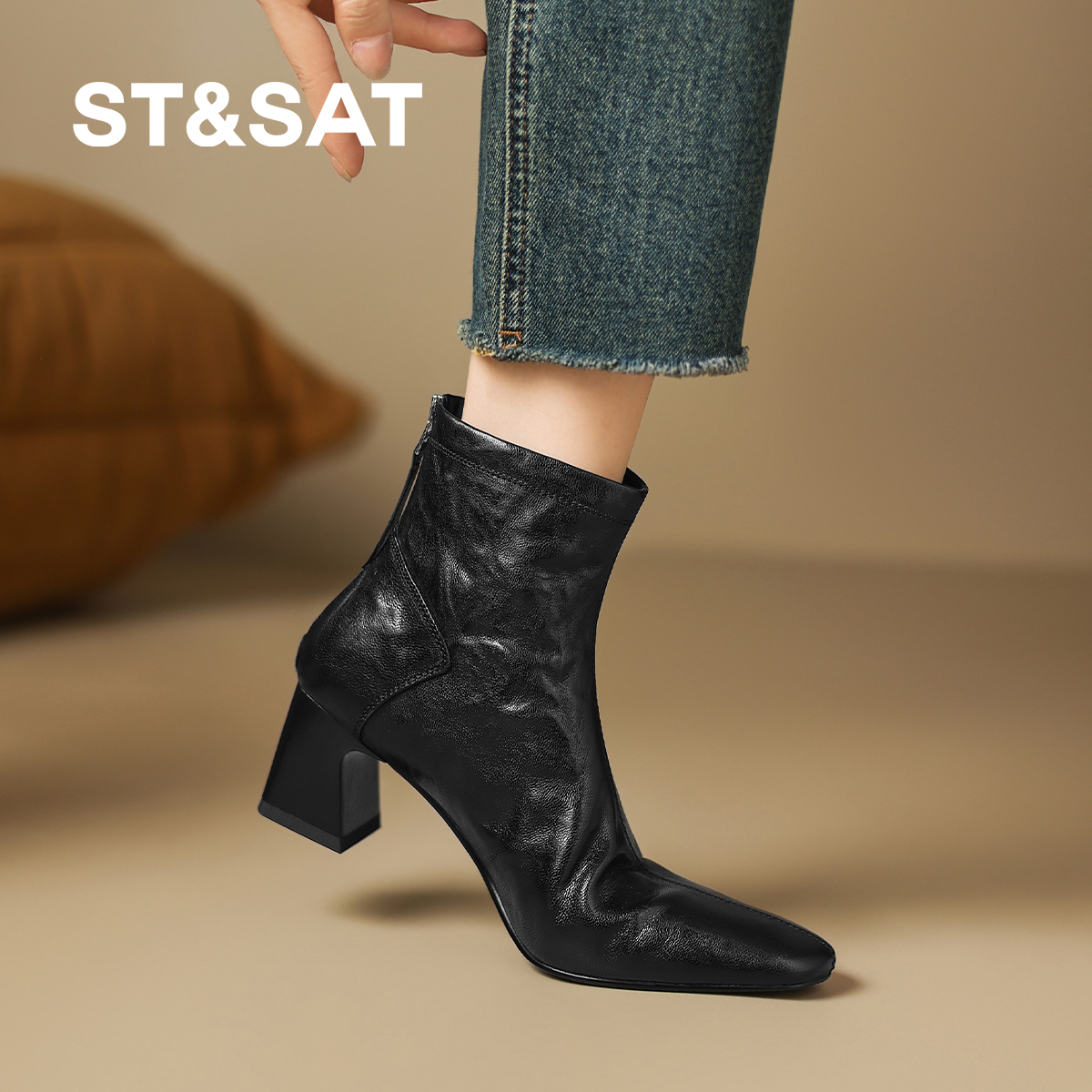 星期六2025秋冬季新款羊皮复古时装靴女粗跟切尔西短筒高跟瘦瘦靴