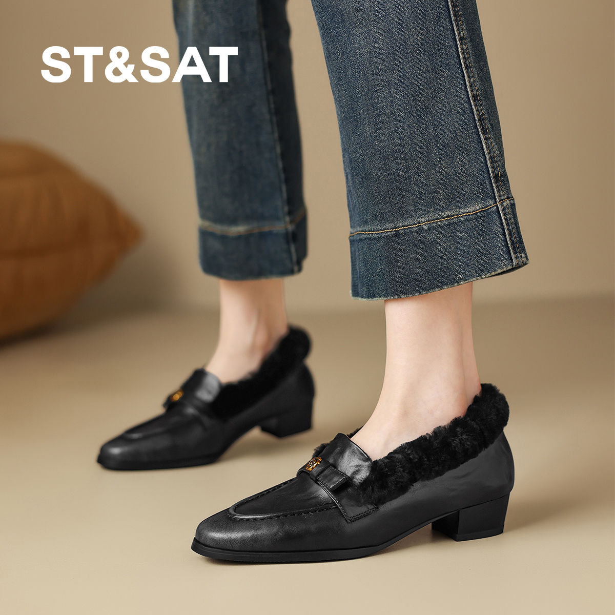 星期六2025秋冬新款英伦风乐福鞋女粗跟一脚蹬加绒保暖深口女单鞋