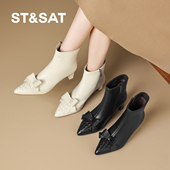 星期六2026新款 尖头蝴蝶结短靴女粗跟不累脚百搭时装 靴牛皮踝靴