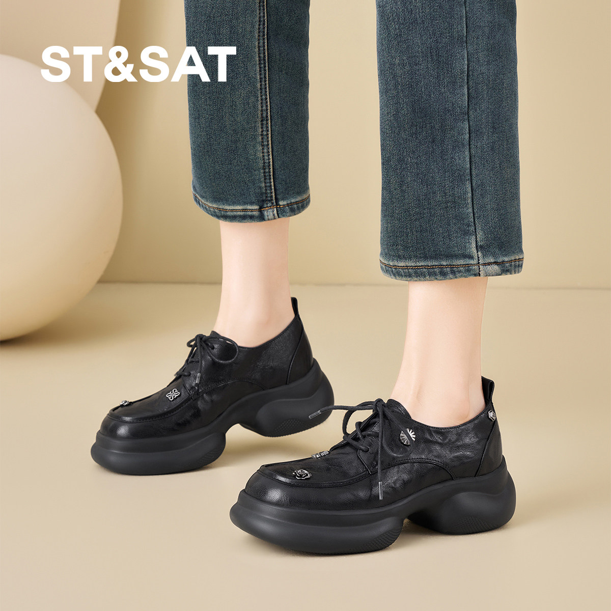 星期六2026新款复古舒适羊皮乐福鞋女气质山茶花饰扣厚底系带单鞋,女鞋,乐福鞋（豆豆鞋）,淘宝优惠券,粉丝福利购,淘宝优惠卷