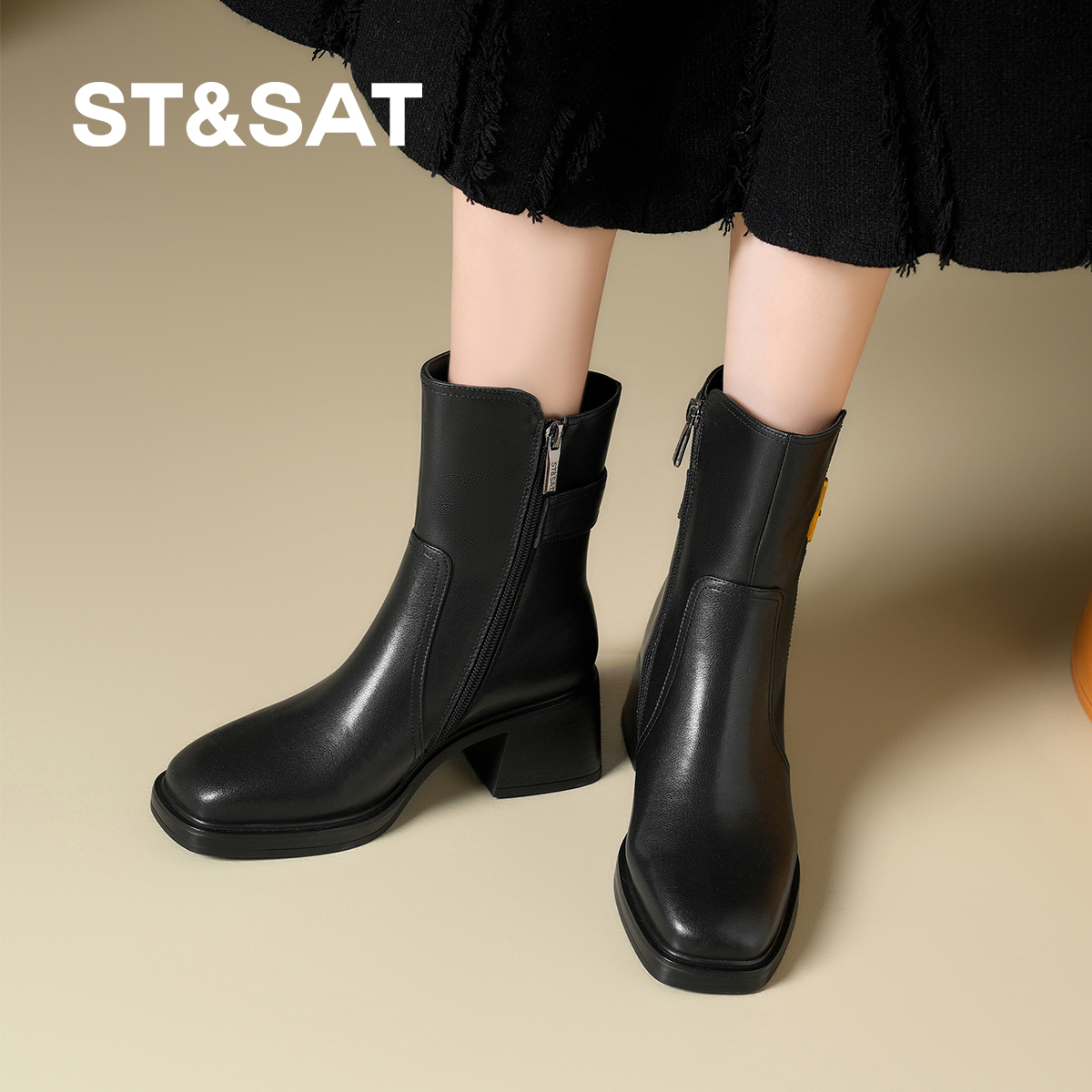 星期六马丁靴女鞋粗跟高跟鞋2025新款秋冬季短靴妈妈靴子春秋皮鞋
