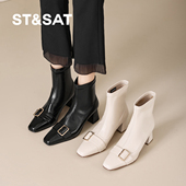 法式 星期六26秋冬季 新款 粗跟方头瘦瘦短靴女粗跟小裸靴通勤马丁靴