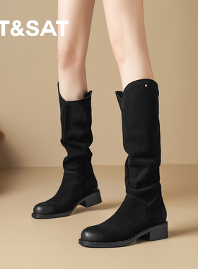 星期六2026秋冬新款黑色绒面高筒靴女粗跟堆堆靴冬季保暖褶皱长靴
