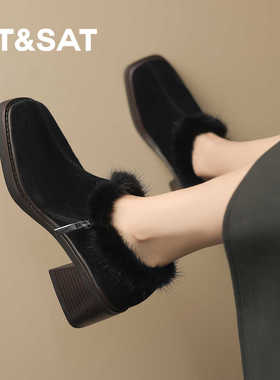 星期六粗跟毛毛鞋雪地靴女东北大棉鞋冬季加绒高跟厚毛保暖短靴