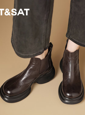 星期六2026秋季新款厚底不累脚切尔西短靴女烟筒靴增高瘦瘦靴