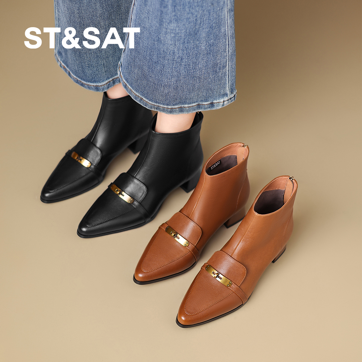 星期六2025秋季新款法式尖头短靴女粗跟厚底加绒保暖通勤瘦瘦靴