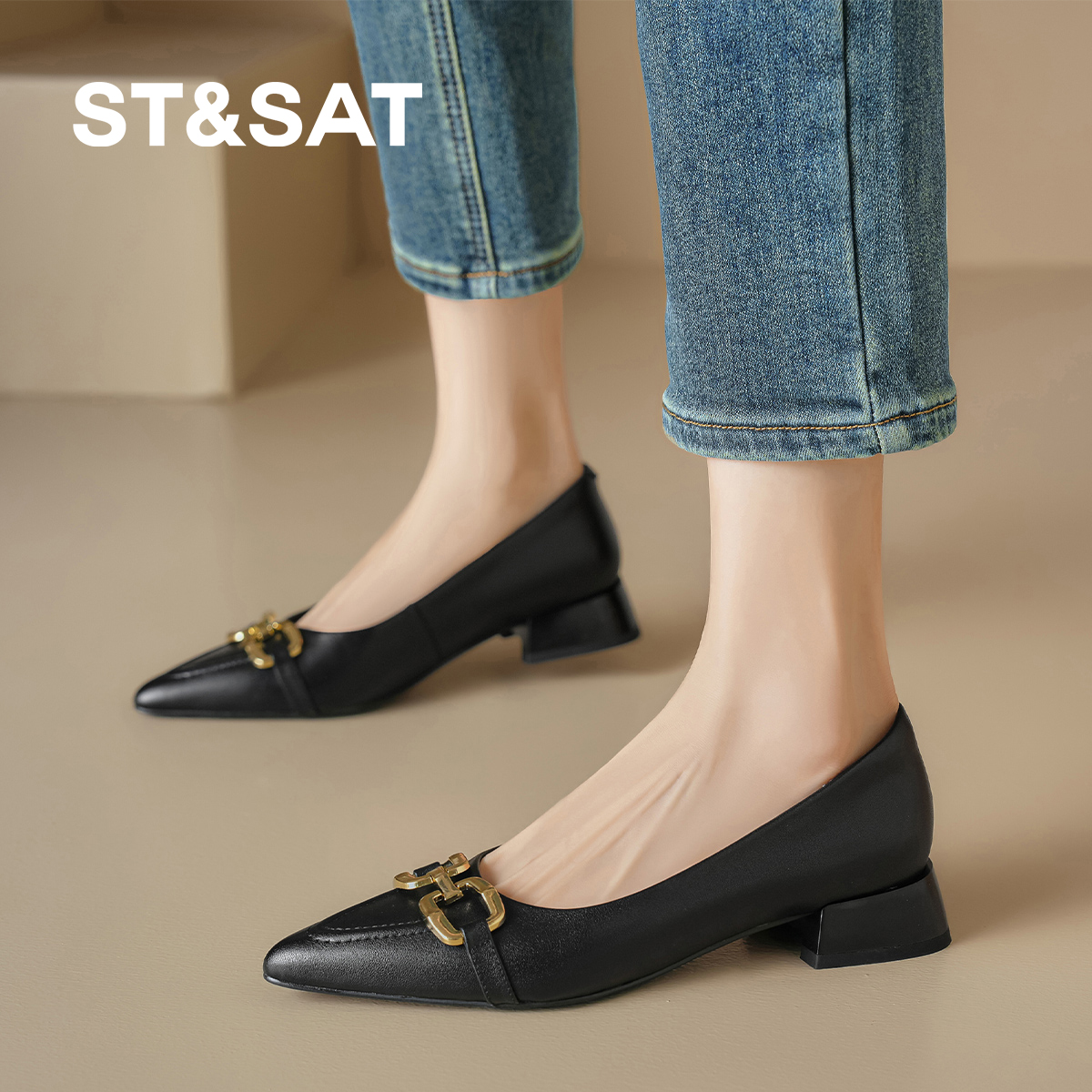 星期六优雅法式浅口单鞋2025春季粗跟百搭商务通勤鞋舒适高跟鞋