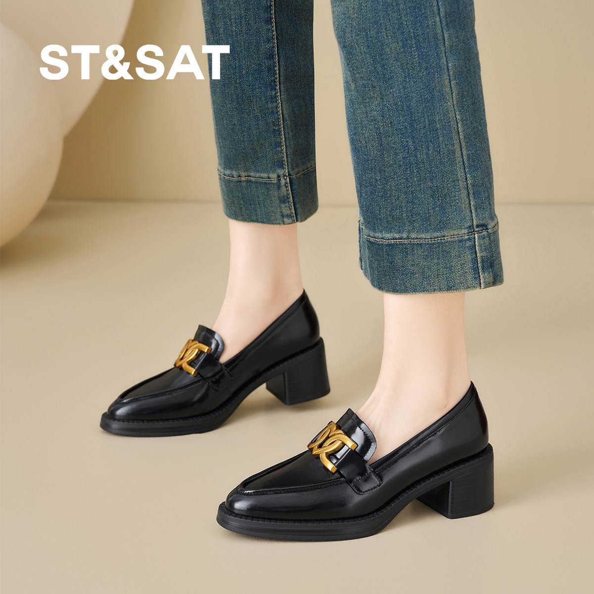 星期六英伦风漆皮乐福鞋女金属扣一脚蹬粗跟小皮鞋气质通勤风单鞋