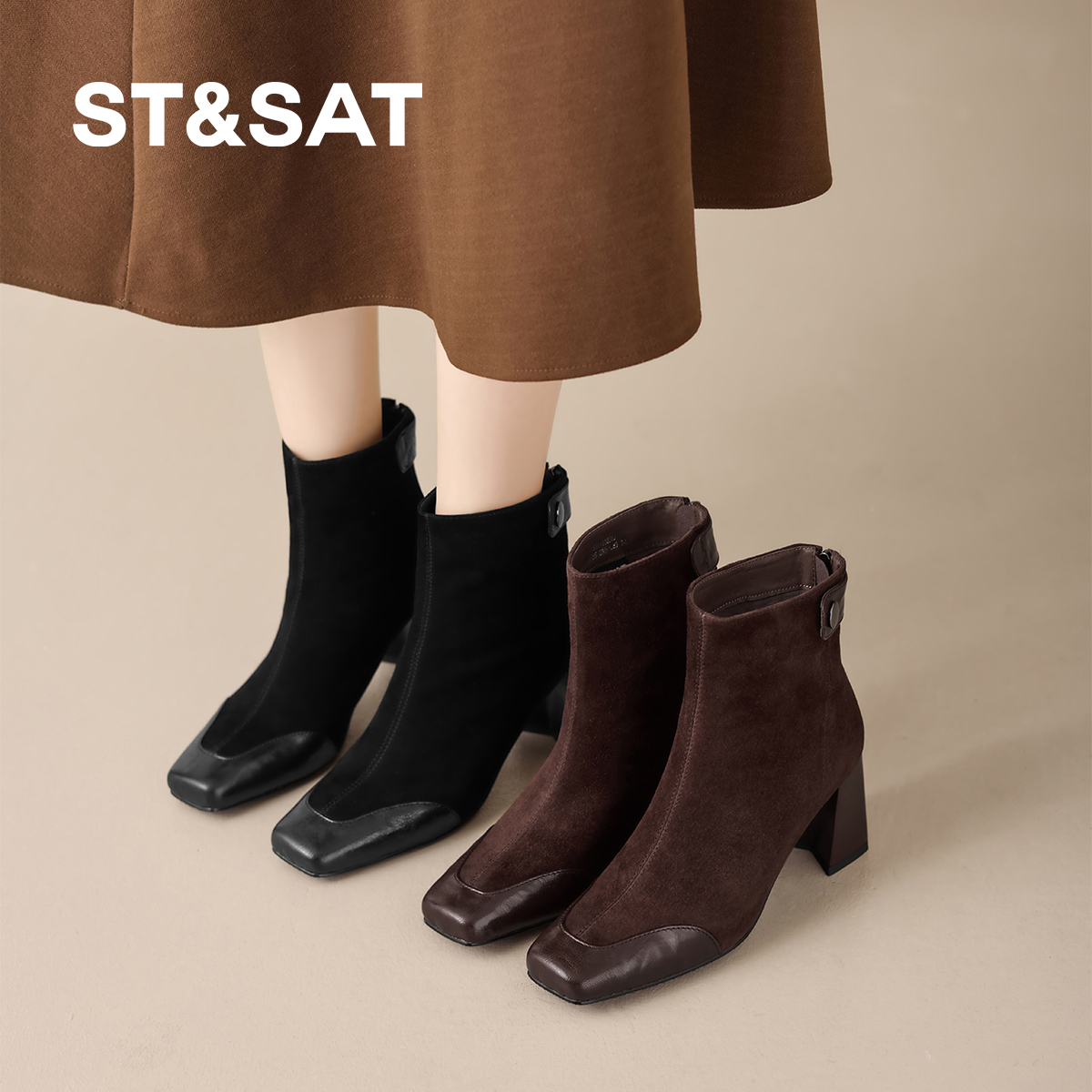 星期六2025新款法式方头粗跟短靴女高跟百搭通勤瘦瘦靴厚底时装靴