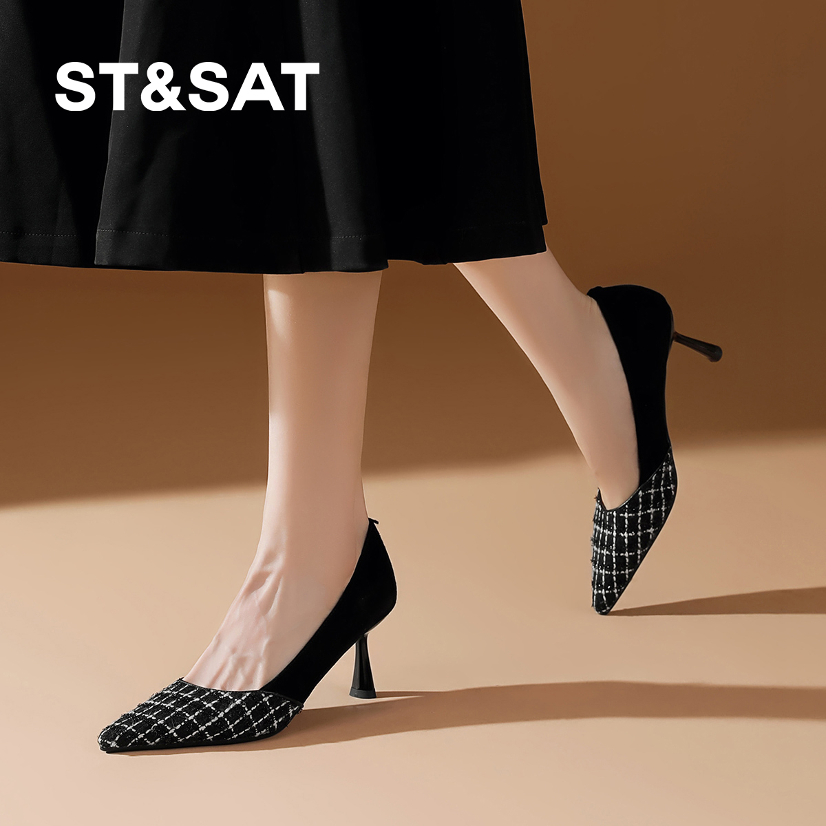 星期六春季新款小香风浅口单鞋女韩系尖头气质高跟鞋不磨脚时装鞋