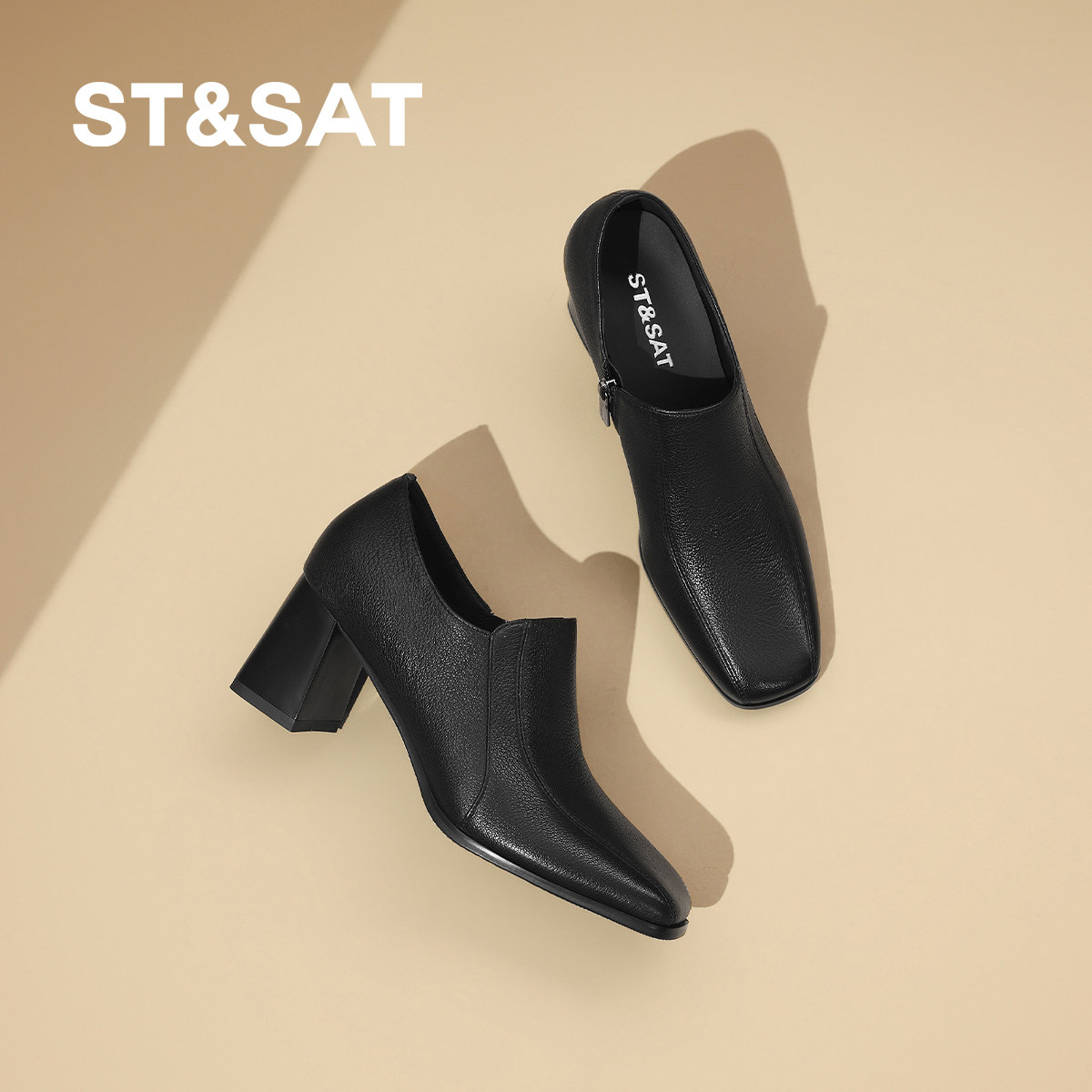 星期六春季新款羊皮乐福鞋方头粗跟通勤黑色高跟不累脚深口单鞋女,女鞋,深口单鞋,淘宝优惠券,粉丝福利购,淘宝优惠卷