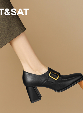 星期六英伦复古深口单鞋女黑色粗跟金属扣不累脚高跟气质通勤皮鞋