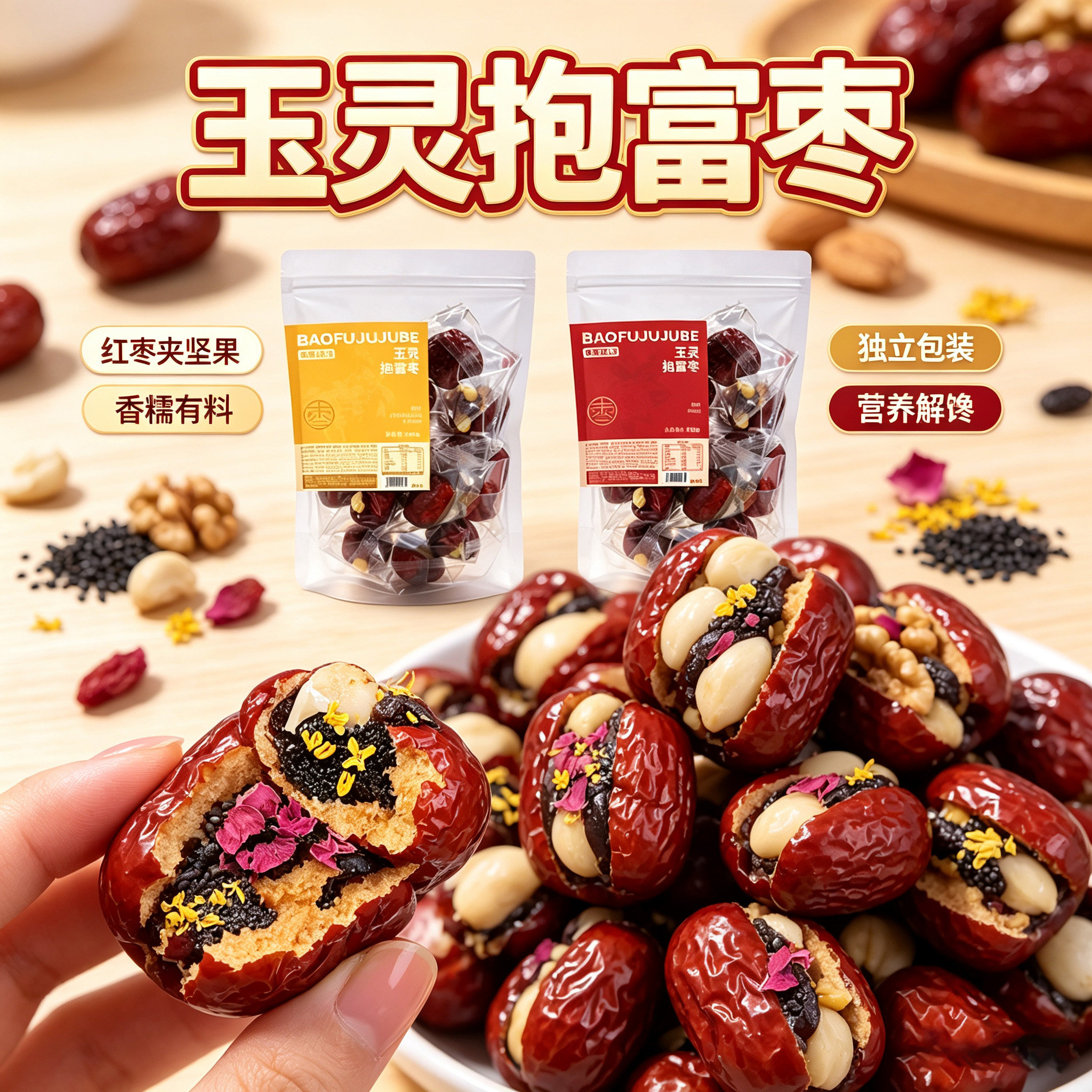 不集玉灵抱富枣健康轻养零食桂圆西洋参夏威夷果仁血糯米玫瑰桂花
