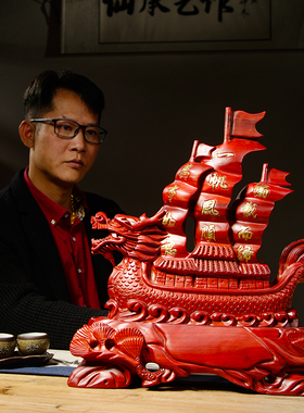 现货速发红花梨木一帆风顺帆船摆件客厅龙船木雕红木工艺品家居办