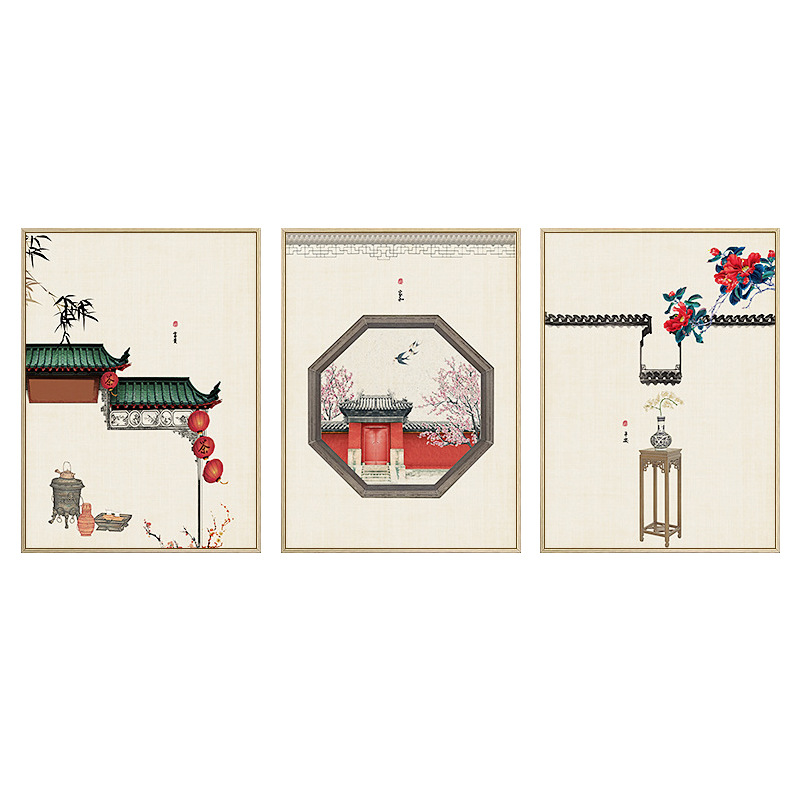 现货速发新中式古风建筑客厅装饰画餐厅背景墙画新品禅意水墨挂画图片