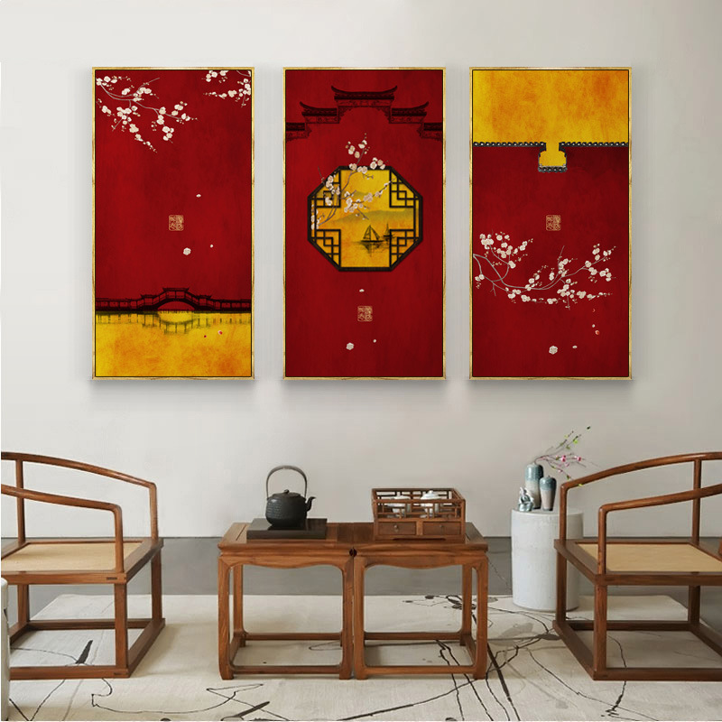 现货速发中国红建筑风客厅装饰画新中式故宫餐厅壁画茶室禅意新品图片