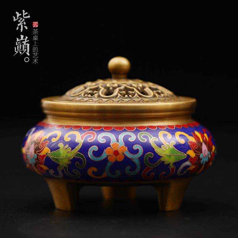 紫巅 景泰蓝香炉纯黄铜三足家用室内檀香炉珐琅彩创意大号盘香炉