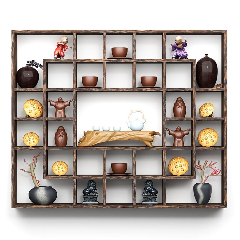 实木中式博古架壁挂式上墙茶具收纳架简约多宝阁置物架现代古董架
