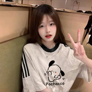 纯棉三条杠短袖T恤女大童2026新款夏季初中高中学生宽松半袖上衣