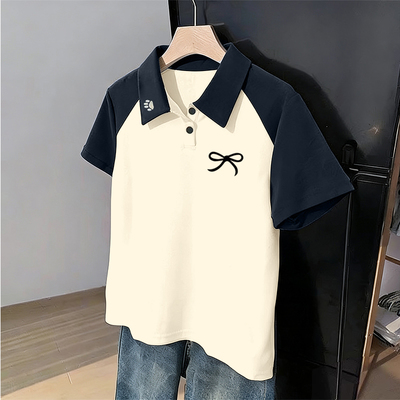 2026夏季学院风撞色翻领POLO衫女童短袖T恤宽松纯棉卡通印花上衣