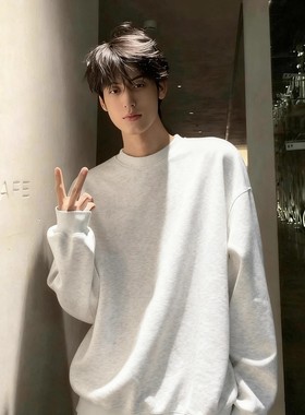 美式重磅白灰色加绒卫衣男款秋季小领口长袖t恤基础款内搭打底衫