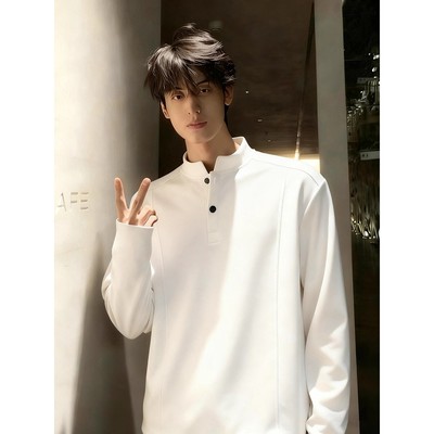 白色亨利领正肩长袖t恤男