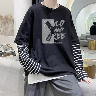 春秋季 假两件青少年男生长袖 t恤男潮流高中初中学生上衣纯棉薄款