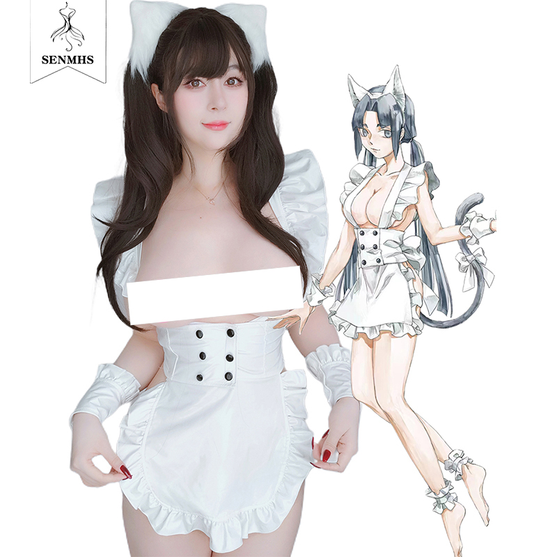 SENMHS原创动漫女仆皮革cos二次元白色开胸镂空制服火辣女佣睡衣