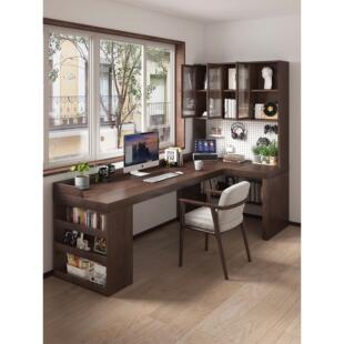 全实木转角书桌书柜一体l型办公工作台式家用拐角电脑桌书架组合