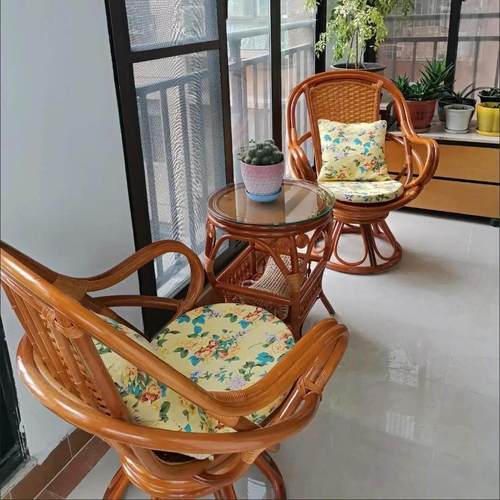 老藤椅三件套扭藤转椅天然印尼真藤老人休闲 藤编桌椅阳台组合椅