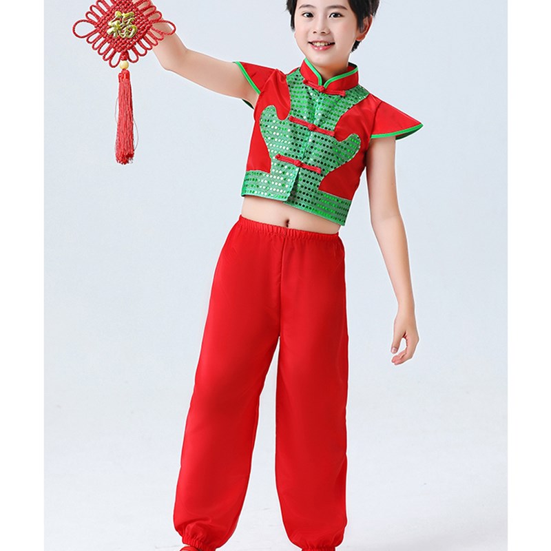 热销六一儿童节秧歌服演出服民族喜庆打H鼓服开门红扇子舞蹈演出