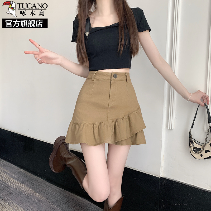 啄木鸟荷叶边不规则显瘦包臀短裙女夏季2025新款高腰a字半身裙子