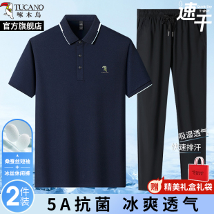 中年父亲爸爸T恤衣服 啄木鸟官方桑蚕丝夏季 短袖 polo衫 男两件套装