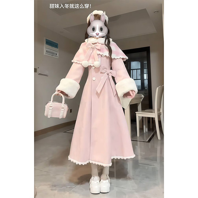 冬季韩剧高智感优雅披肩中长款毛呢大衣温柔两件套洛丽塔lolita裙