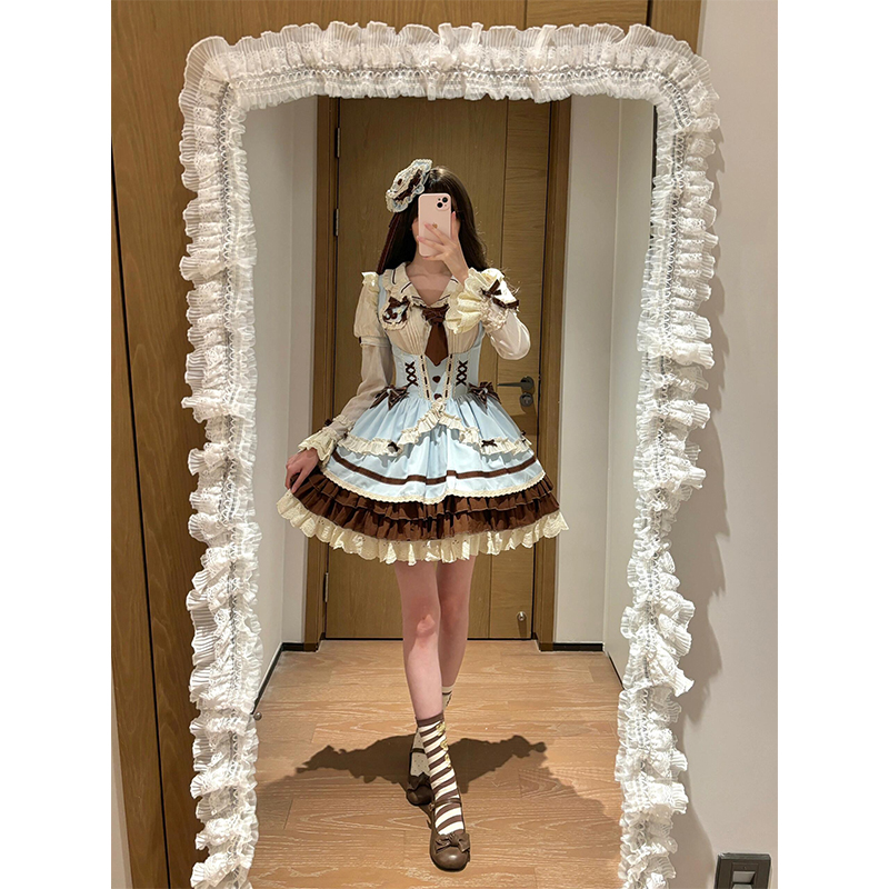 咖啡色甜美可爱长袖内搭托胸jsk洛丽塔Lolita裙日常少女lo裙洋装