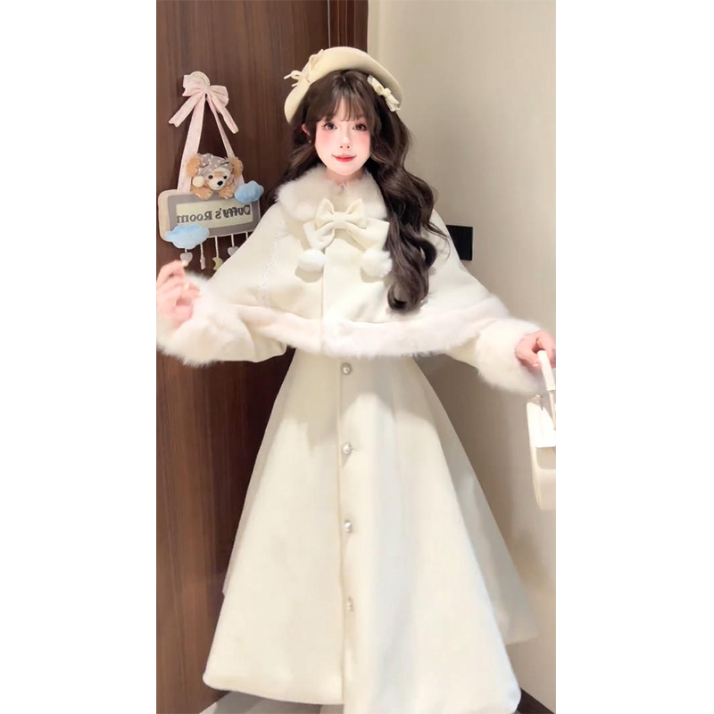 温柔风千金感毛呢外套蝴蝶结斗篷气质两件套洛丽塔lolita大衣冬季