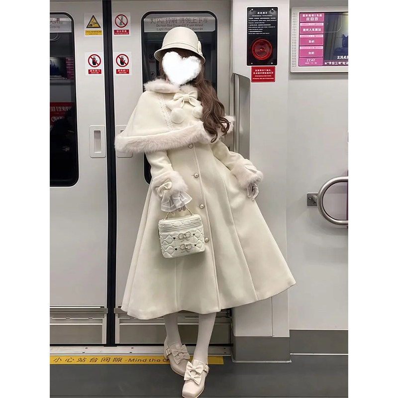 冬季lolita裙大衣毛绒斗篷可爱甜妹保暖蝴蝶结毛呢外套裙洛丽塔