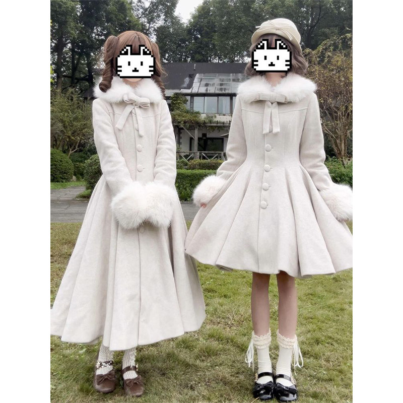 富家千金 气质收腰毛呢外套女秋冬季lolita蝴蝶结呢子大衣洛丽塔