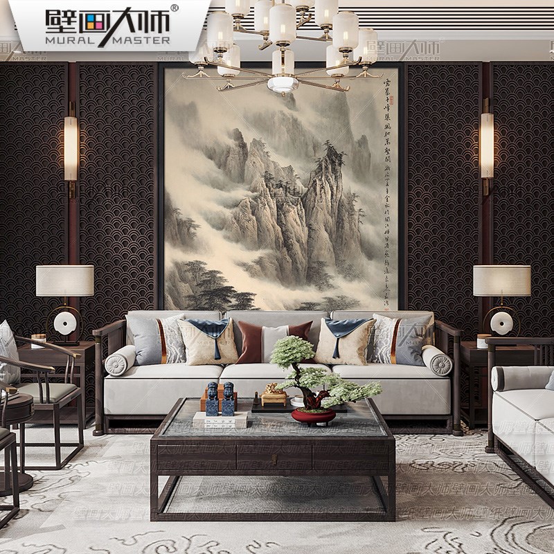 新中式复式客厅背景墙壁纸别墅挑高意境国画山水壁U布古风墙布新