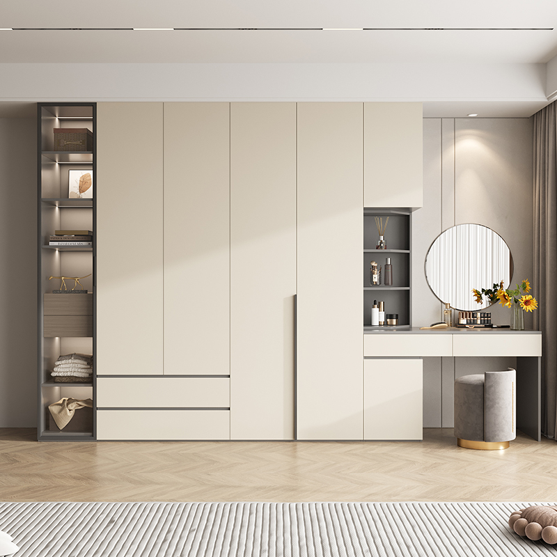 现代简约风实木衣柜家用卧室梳妆台一体组K合靠墙收纳储物柜可定