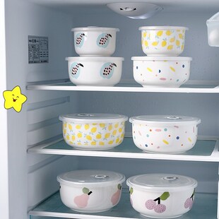 陶瓷保鲜碗带盖密封三件套上班族饭盒套装可爱家用加热微波炉可用